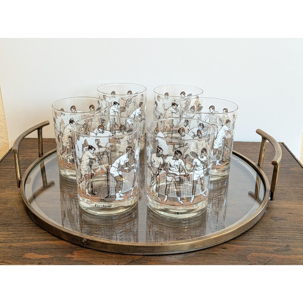 Set Of  6 Vintage 1960s MCM Cera "The Forehand" DOF Cocktail Glasses - Tennis